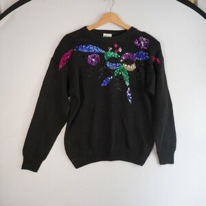 VTG Mister Noah Black Sequin Floral Dragonfly Knit Sweater Women's Size M Granny